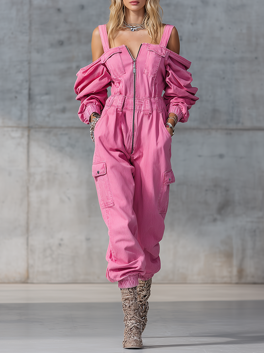 Stylish And Modern Long-sleeved Strappy Tapered Legs Pink Denim Jumpsuit