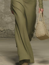 Western-style Olive Green Linen Zip-up Top And Wide-leg Pants Set