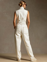 Casual Retro White Denim Zip-up Sleeveless Wide-leg Jumpsuit