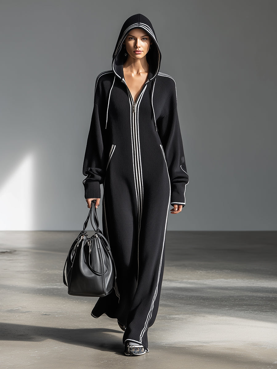 Stylish Black Knit Patchwork White Hooded Zip-up Maxi Dress