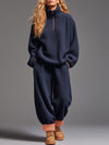 Casual Navy Blue Polar Fleece Half-zip Sweatshirt Pants Sports Set