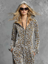 Casual Retro Gray Velvet Leopard Print Hooded Sweatshirt Wide-Leg Jumpsuit
