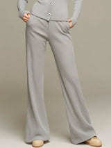 Sporty Grey And Silver-thread Knit Ribbed Cardigan And Flared Pants Set