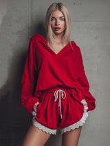 Lace-trimmed Loose-fitting Hooded Sweatshirt And Shorts Tracksuit Set