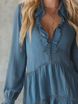 Stylish And Sweet V-neck Blue Denim Mini Dress