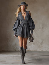 Stylish Gray Denim V-neck Off-the-shoulder Wide-sleeved Mini Dress
