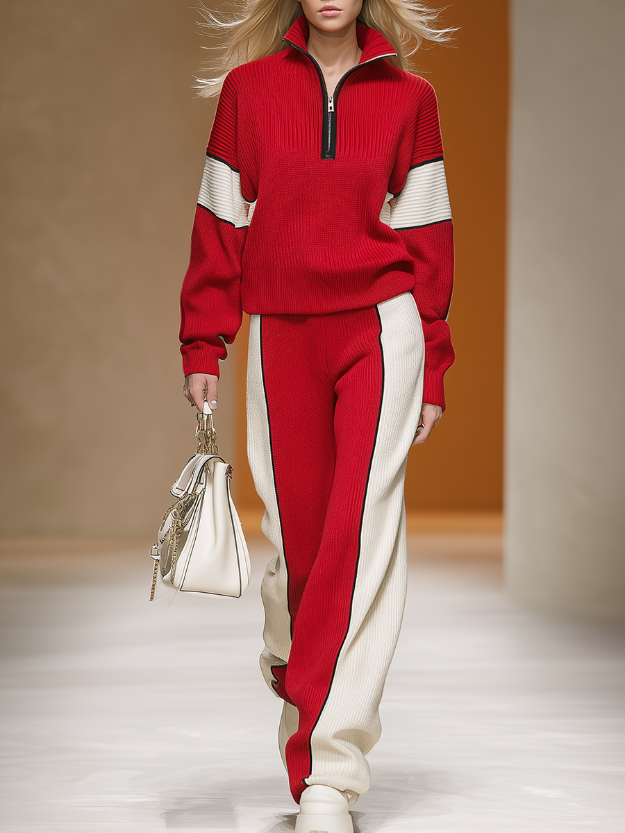 Retro Sports Style Contrast Color Knit Top And Pants Set