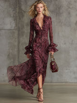 Elegant And Fashionable Burgundy Chiffon Snakeskin Pattern Ruffled Long-Sleeved Maxi Dress