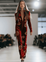 Casual Loose Retro Red Velvet Gold Rose Printed Zipper Long Sleeve Jumpsuit