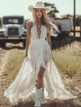 【24-hour shipping out】Western Retro White Lace Sleeveless Irregular Skirt Dress Maxi Dress