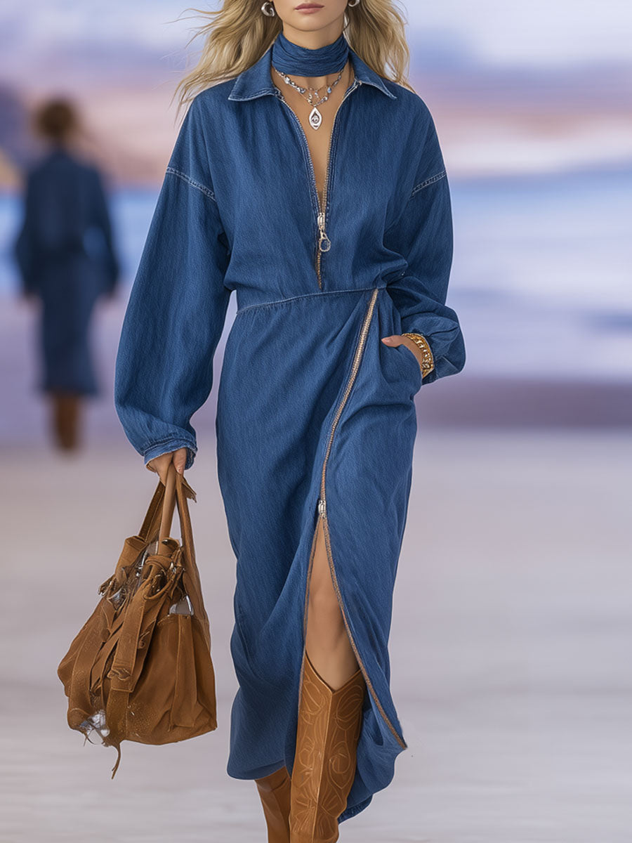 Loose-fitting Collar Zipper Closure Double Pockets Denim Long-sleeved Midi Dress
