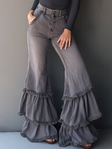 Retro Romantic Gray Frayed Ruffle Flared Jeans