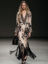Elegant Bohemian Style V-neck Tassel Floral Print Beige Satin Maxi Dress