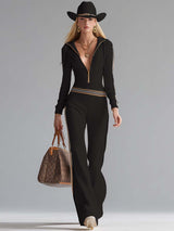 Retro Fashion Sports Hooded V-neck Front Zipper Off-white Knitted Jumpsuit