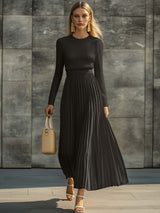 Elegant Casual And Comfortable Long-sleeved Cream Knitted Satin Pleated Hem Maxi Dress