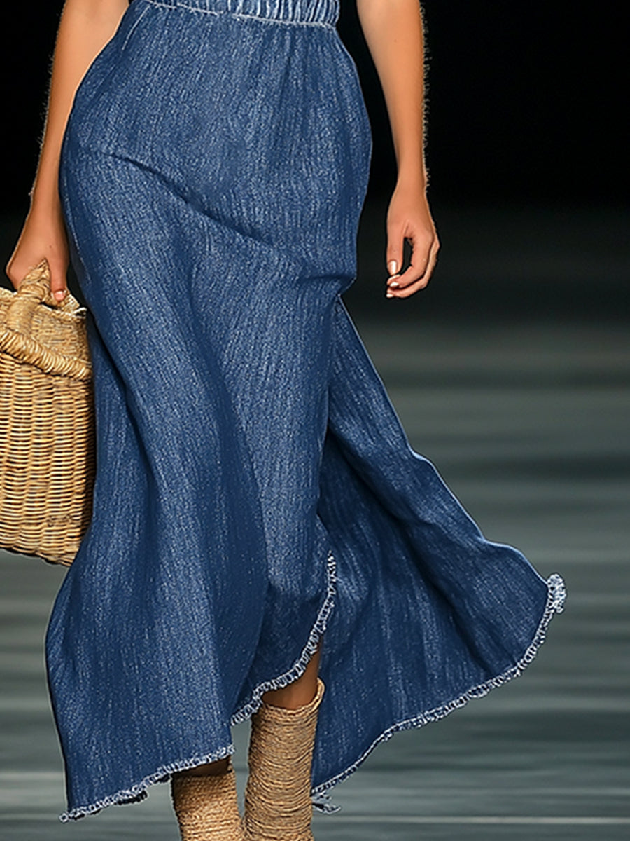 【24-hour shipping out】Elegant Strapless Denim 3D Floral Maxi Dress