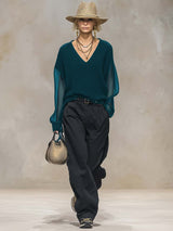 Breathable And Casual Comfortable V-neck Transparent Long-sleeved Black Knitted Blouse Top