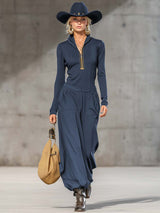 Casual Retro Sports Dark Gray Half-high Collar Front Zipper Long-sleeved Top And Wide Pants Set