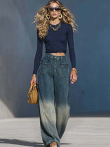Casual Fashion Gradient Washed Denim Blue Gray Loose Pants