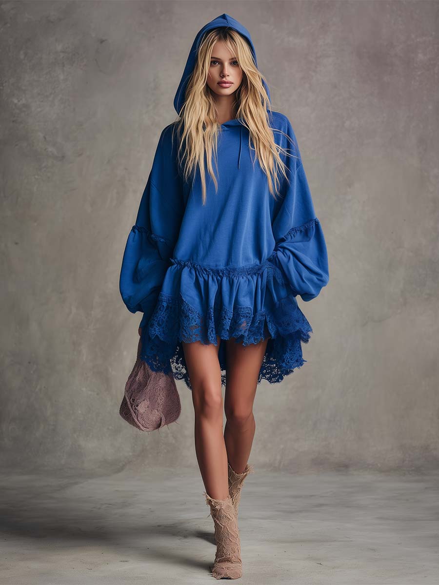 Vintage Fashion Sporty Lace Hem Loose Royal Blue Cotton Hooded Mini Dress