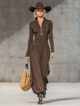 Casual Retro Sports Dark Gray Half-high Collar Front Zipper Long-sleeved Top And Wide Pants Set