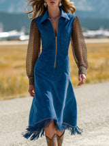 Western Retro Leopard Print Chiffon Long-Sleeved Blue Faux Suede Tassel Midi Dress