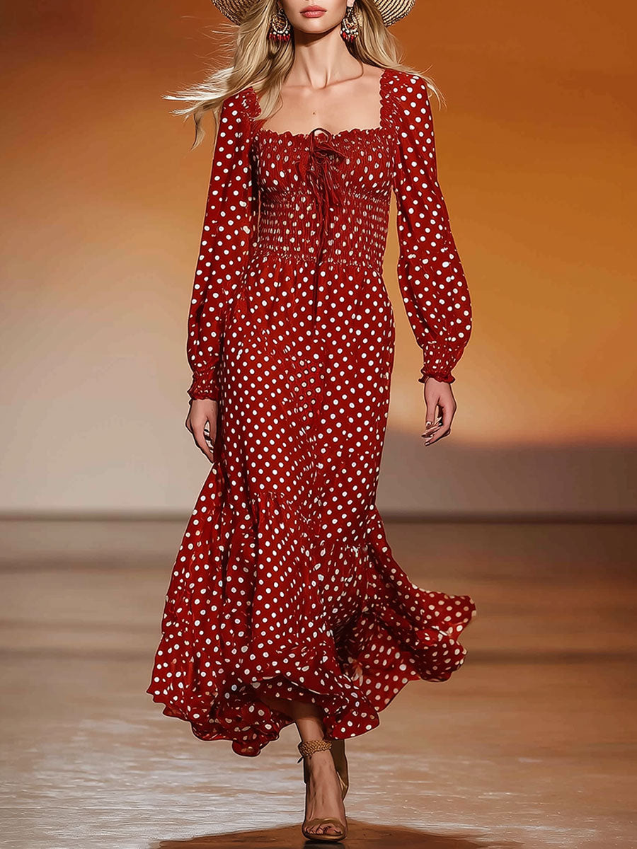 Stylish And Retro White Polka Dot Red Cotton Maxi Dress