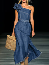 【24-hour shipping out】Elegant Strapless Denim 3D Floral Maxi Dress