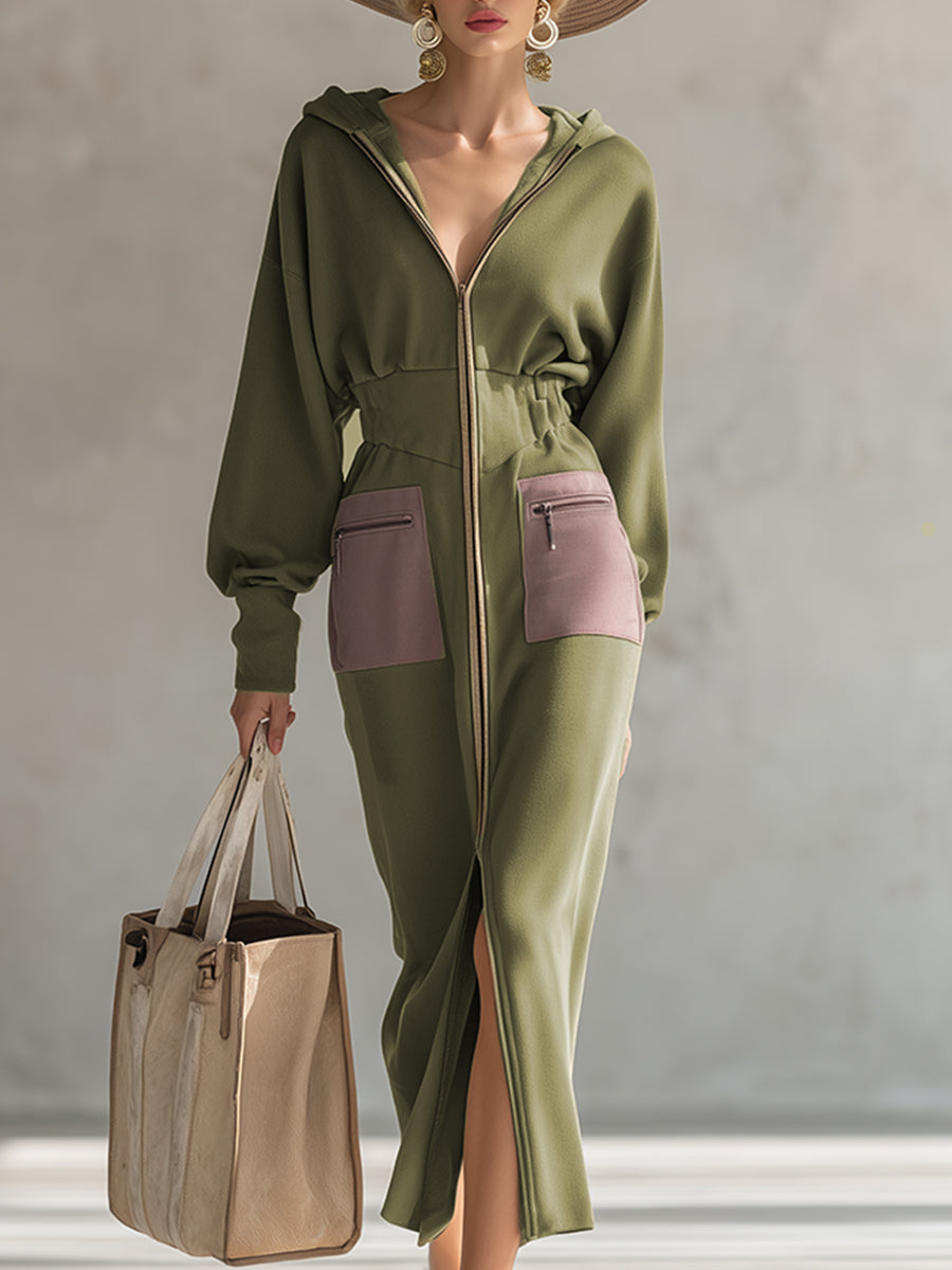Elegant Olive Green Hooded Narrow Waist Zip-up Sweatshirt Long Sleeve Maxi Dress