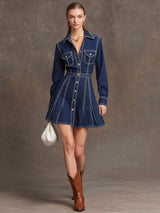 Retro Long-sleeved Dark Blue Denim A-line Mini Dress