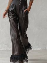 Elegant Urban Style Lace Trim Black Stretch PU Overalls
