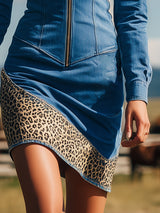 Western-style Blue Denim Patchwork Mini Dress With Leopard Print Accents