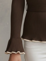 Elegant And Retro-style Brown Knitted Off-the-shoulder Sweater