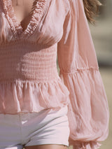Western-style Pink Chiffon V-neckWith Ruffled Trim And Elasticated WaistTop