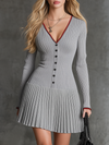 Chic Miu-style V-neck Red-trimmed Pleated Skirt Gray Knit Mini Dress