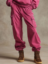 Casual Sporty Retro Rose Red Cotton Sweatshirt And Cargo Pants Set