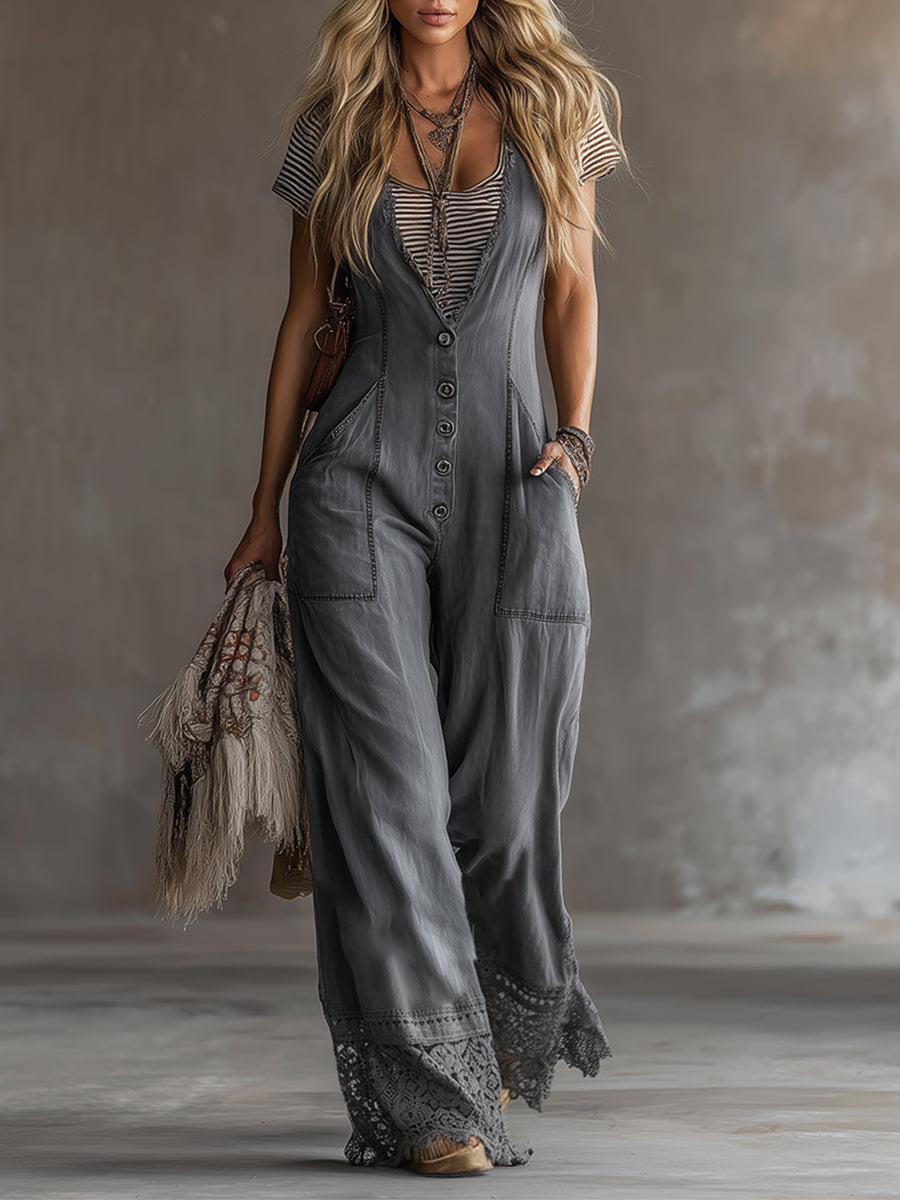 Casual Loose-fitting Button-up Gray Denim Jumpsuit Overalls
