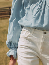 Western-style Ruffled Blue Vintage Washed Denim Shirt