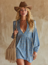 Stylish Retro-style Gold Foil Printing Light Blue Mini Dress