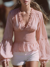 Western-style Pink Chiffon V-neckWith Ruffled Trim And Elasticated WaistTop