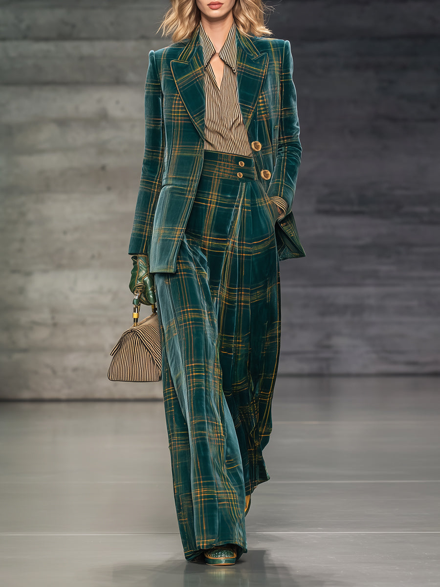 Retro And Fashionable Green Plaid Velvet Blazer High Waist Wide Leg Pants Set