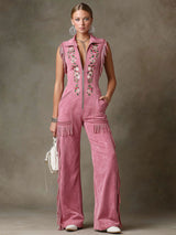 Western-style Retro Floral Embroidered Pink Faux Suede Sleeveless Tassel Jumpsuit