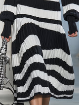 Fashionable Black And White Striped Long-sleeved Midi Dress
