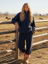 Casual Navy Blue Polar Fleece Half-zip Sweatshirt Pants Sports Set