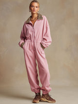 Casual Sporty Retro Pink Cotton Long-Sleeved Leopard Print Jumpsuit