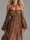 Brown Leopard Print Off-Shoulder Chiffon Maxi Dress