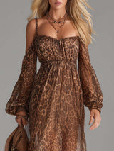 Brown Leopard Print Off-Shoulder Chiffon Maxi Dress