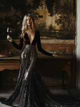 【24-hour shipping out】V-Neck Stylish Elegant Solid Color Velvet Sequined Long Maxi Dress