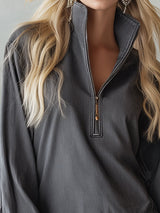 Retro Leopard Print Trim Gray Denim Half-zip Mini Dress