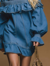 Elegant Personality Fashion Ruffled Off-the-shoulder Long Sleeves Blue Denim Mini Dress